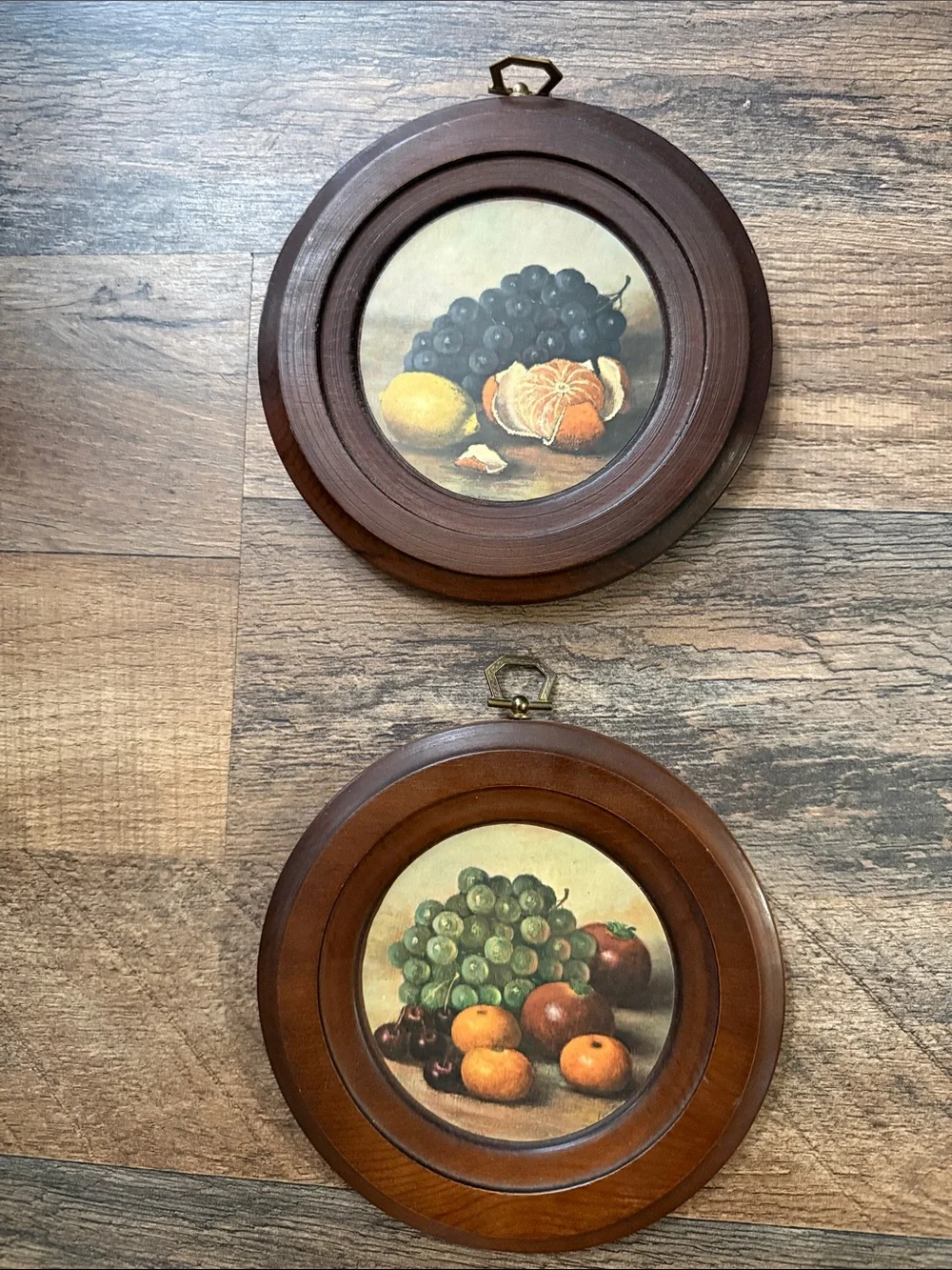 Vintage wooden wall pictures with bronze hooks a set